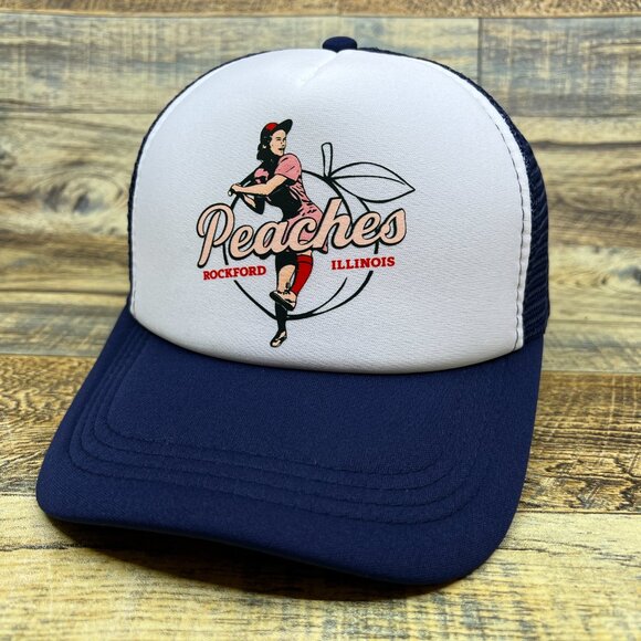 A League Of Their Own Unisex Trucker Hat Navy Rockford Peaches Illinois Ball Cap - Picture 2 of 5